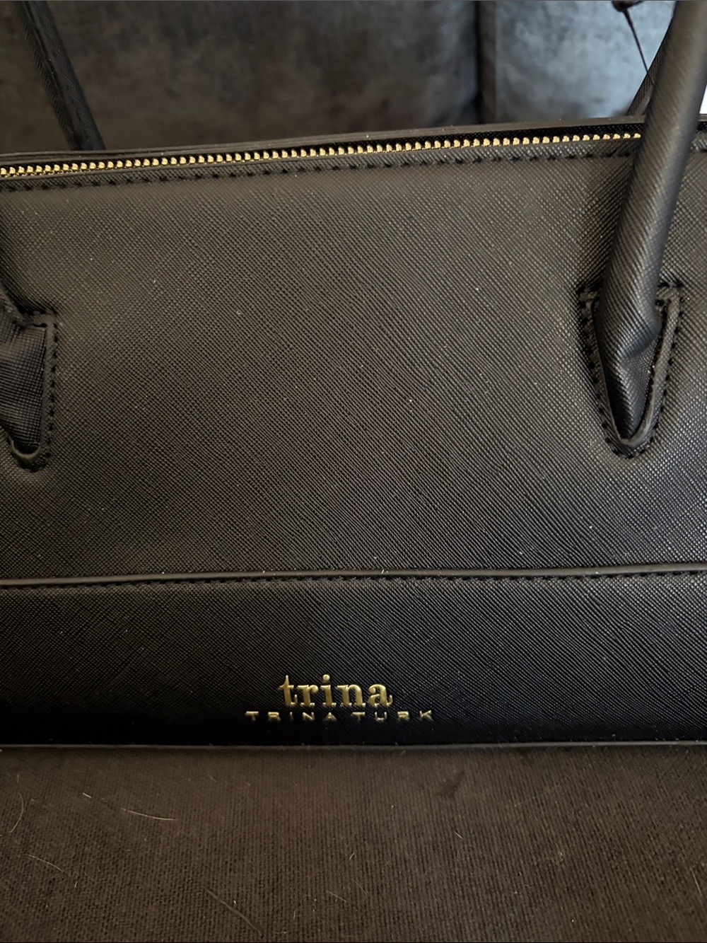 Trina Turk Black Leather Double-Handle Satchel with Gold Zip